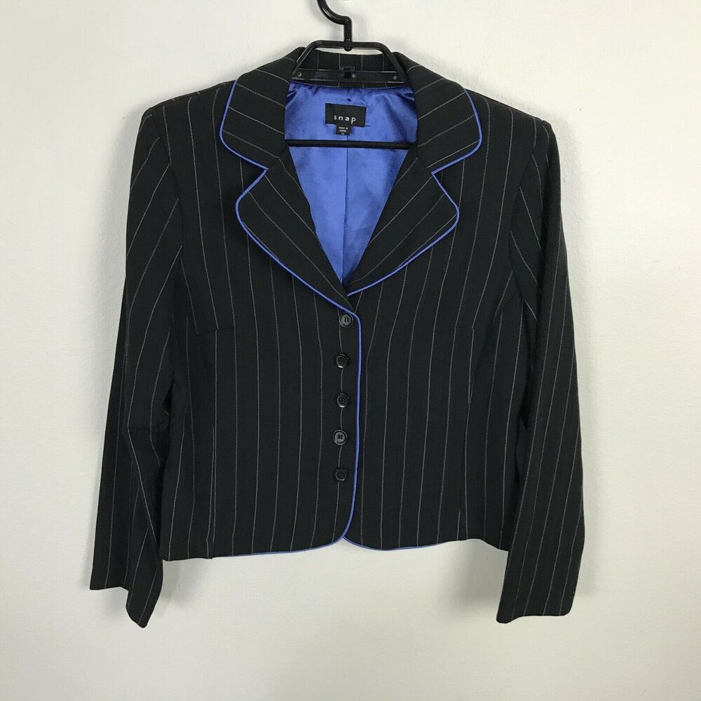 Snap Blazer Size 13 Black Striped Blue Piping Long‎ Sleeve Polyester Blend